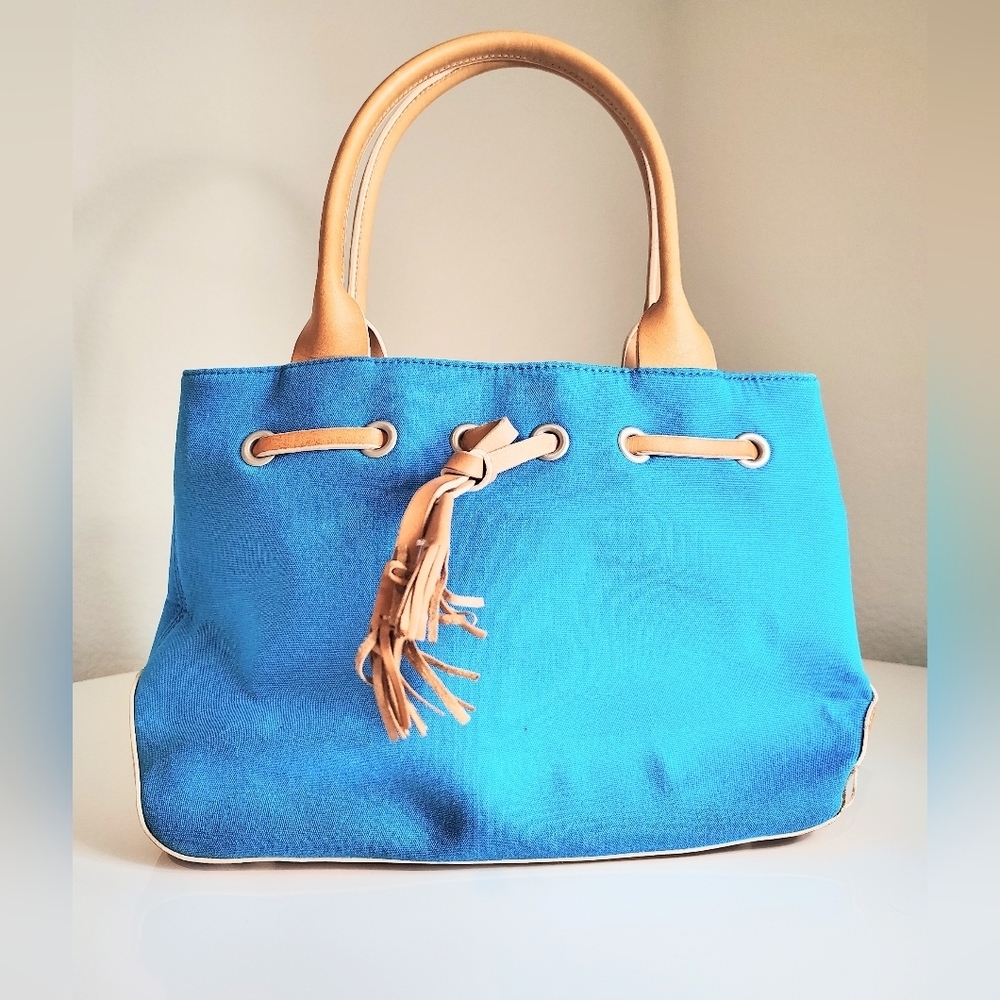 Preston And York Blue Canvas Tote Bag with Tan Trim